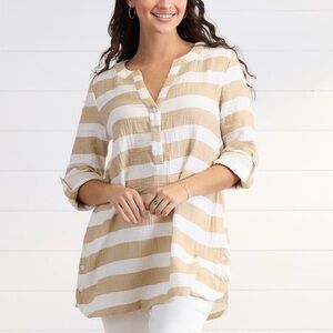 Kaktus 100% Cotton Tan White Striped Gauze Tunic Top Size L Coastal Neutral